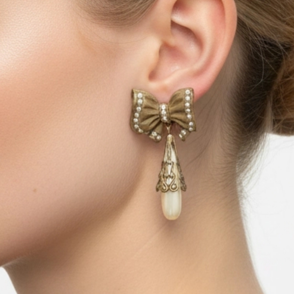 Vintage Banana Bob Romantic Oxbow Faux Pearl Teardrop, Dangle Earrings.